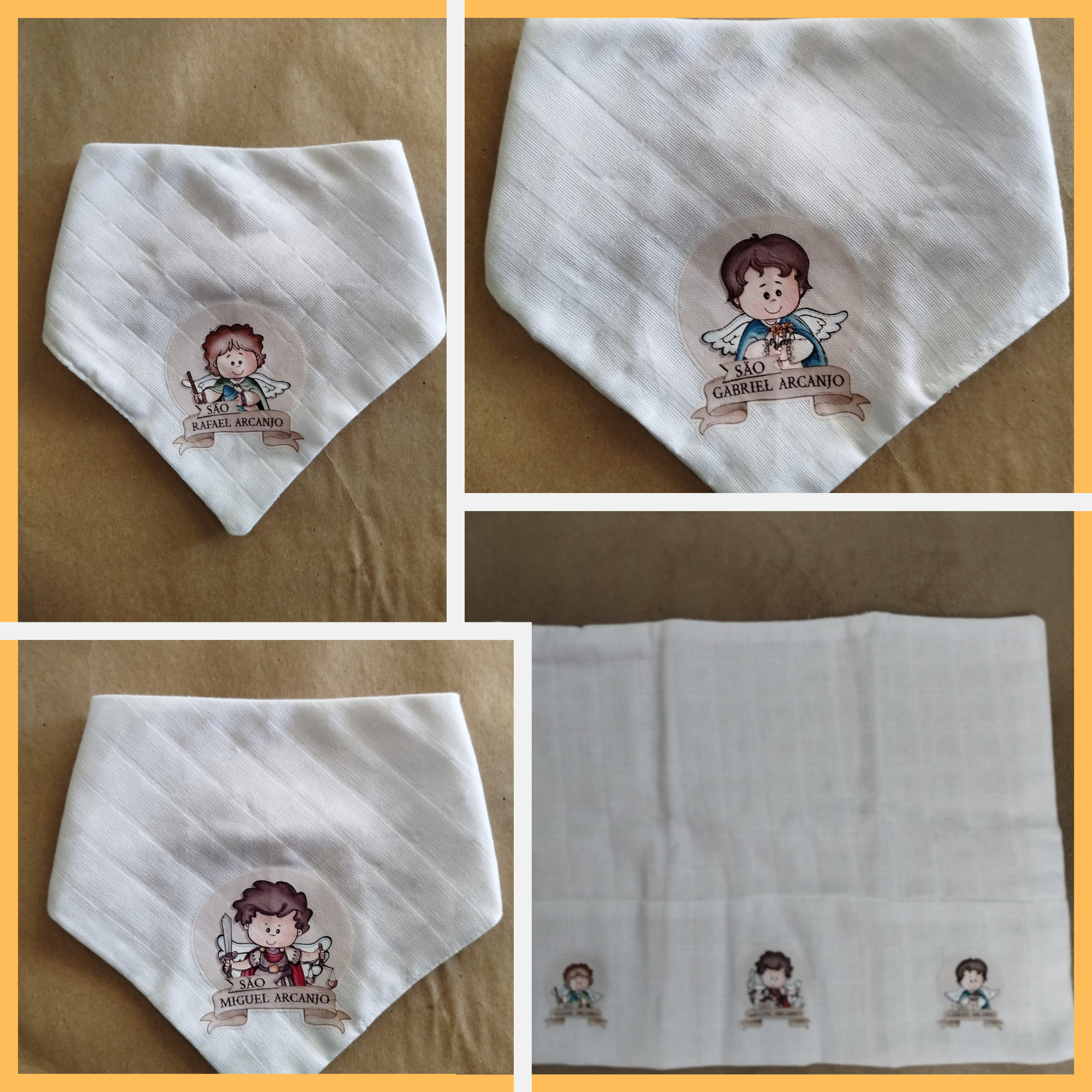 Mantenha seu bebê estiloso e protegido com nosso babador bandana 100% algodão! Feito com tecido macio e respirável, ele absorve a umidade e evita que a roupinha fique molhada, proporcionando conforto o dia todo. Acompanha uma delicada e essencial fraldinha de boca, também feita em tecido 100% algodão, que garante suavidade e cuidado para a pele sensível dos pequenos. Com acabamento caprichado e ótimo poder de absorção, é perfeita para limpar babinhas, proteger durante a amamentação ou usar como apoio no ombro. Leve proteção e fé para o enxoval do seu bebê com este kit exclusivo,, ideal para uso diário e momentos especiais. Itens inclusos no kit: 3 Babadores com estampas dos Arcanjos Protetores: São Miguel Arcanjo São Rafael Arcanjo São Gabriel Arcanjo 1 Paninho de boca em tecido fralda Destaques do produto: Tecido fralda 100% algodão: leve, macio e respirável Excelente absorção, ideal para refluxo e proteção da roupinha Tamanho ideal para bebês de 0 a 12 meses Estampas exclusivas religiosas com significado espiritual Costuras reforçadas e acabamento delicado Indicado para: Enxoval do bebê Presente de batizado ou chá de bebê Bebês com pele sensível Famílias que valorizam fé e espiritualidade desde o nascimento - Produto novo - Pronta entrega - Envio rápido e seguro Cuidados com a Peça: Verifique as medidas antes de lavar. Lavar à mão, separadamente na primeira lavagem. Não utilizar alvejantes ou clareadores. Secagem em baixa temperatura. Passar com ferro até 150°C. Por conter algodão, a peça pode encolher até 2 cm na primeira lavagem.